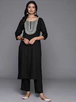 Libas - Women Black Blended Solid Kurta with Pant (Set of 2)