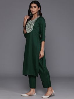 Libas - Women Green Blended Embroidered Kurta with Pant (Set of 2)