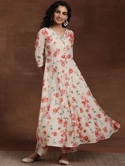 Libas - Women Off White Silk Blend Floral Anarkali Kurta with Pant (Set of 2)