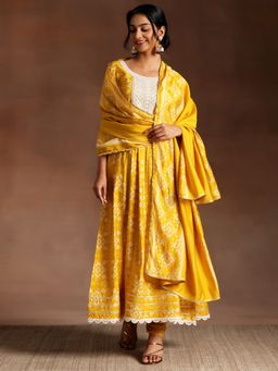 Libas - Women Mustard Silk Blend Printed Anarkali Kurta with Churidar and Dupatta (Set of 3)