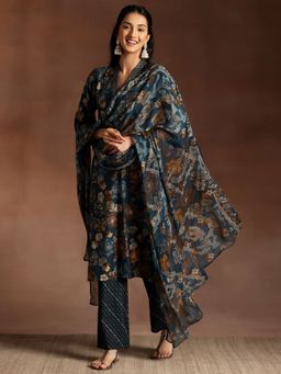 Libas - Women Navy Blue Silk Blend Floral Kurta with Pant and Dupatta (Set of 3)