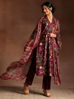 Libas - Women Wine Silk Blend Floral Kurta with Pant and Dupatta (Set of 3)