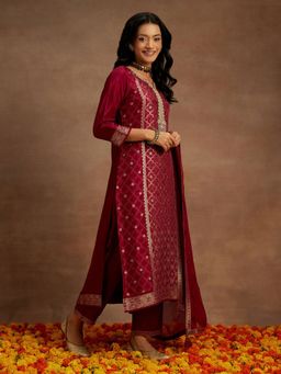 Libas - Women Wine Silk Blend Woven Kurta with Pant and Dupatta (Set of 3)