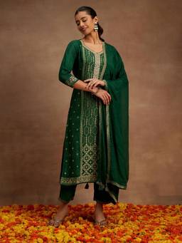 Libas - Women Green Silk Blend Woven Kurta with Pant and Dupatta (Set of 3)