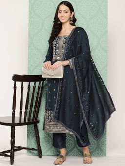 Libas - Women Navy Blue Silk Embroidered Kurta with Pant and Dupatta (Set of 3)