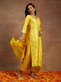 Libas - Women Yellow Silk Blend Woven Kurta with Pant and Dupatta (Set of 3)