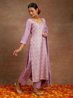 Libas - Women Lavender Silk Blend Woven Kurta with Pant and Dupatta (Set of 3)
