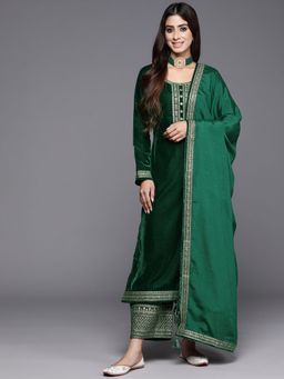 Libas - Women Green Velvet Embroidered Kurta with Palazzo and Dupatta (Set of 3)