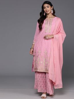 Libas - Women Pink Georgette Embroidered Kurta with Palazzo and Dupatta (Set of 3)