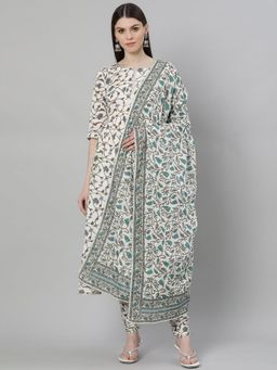 Libas - Women White Printed Anarkali Kurta with Churidar and Dupatta (Set of 3)
