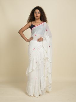 Suta - White Heart Block Printed Ruffle Saree