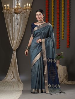 Akhilam - Womens Silk Blend Grey Woven Design Designer Saree with Unstitched Blouse