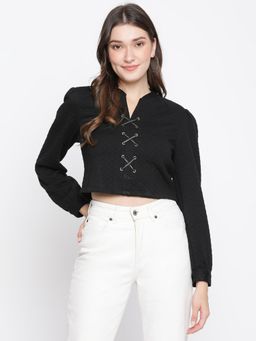 Latin Quarters - Women Black Textured Long Sleeve Knit Top