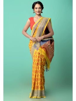 Unnati Silks - Yellow Pure Hand Block Printed Mangalagiri Cotton Saree with Unstitched Blouse