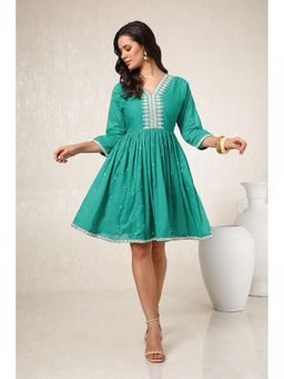 Soch - Turquoise Cotton Faux Mirror Embroidered Dress