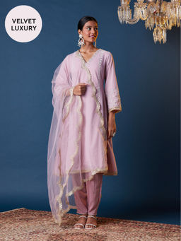 Gajra Gang - Miss Makhmali Pink Velvet Kurta, Semi Salwar & Dupatta GGSKD102 (Set of 3)