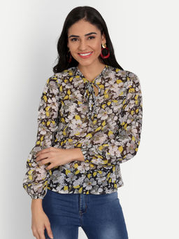 Masakali.Co - Women Floral Print Tie Up Neck Georgette Shirt Style Top