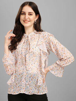 Masakali.Co - Women Pink Floral Print Tie Up Neck Georgette Top