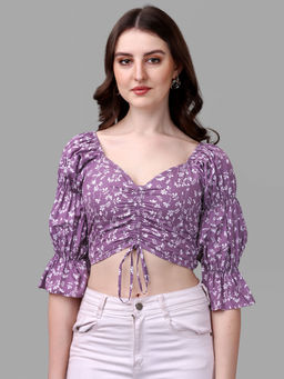 Masakali.Co - Purple Floral Print Sweetheart Neck Crepe Crop Top