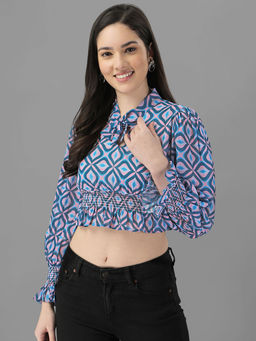 Masakali.Co - Geometric Printed Tie Up Neck Shirt Style Crop Top