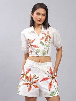 Label Ritu Kumar - White Floral Top with Shorts (Set of 2)