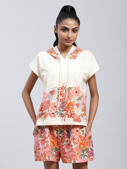 Label Ritu Kumar - Ecru Floral Print Activewear Top with Shorts (Set of 2)