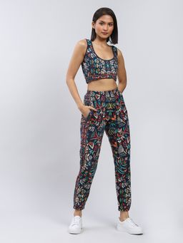 Label Ritu Kumar - Navy Floral Print Activewear Top with Pant (Set of 2)