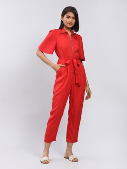 Label Ritu Kumar - Red Front Zip Jumpsuit with Belt (Set of 2)