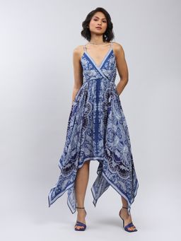 Label Ritu Kumar - Blue Printed Asymmetric Long Dress