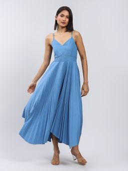 Label Ritu Kumar - Blue Strappy Long Dress with Pleats