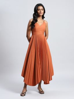Label Ritu Kumar - Brown Strappy Long Dress with Pleats
