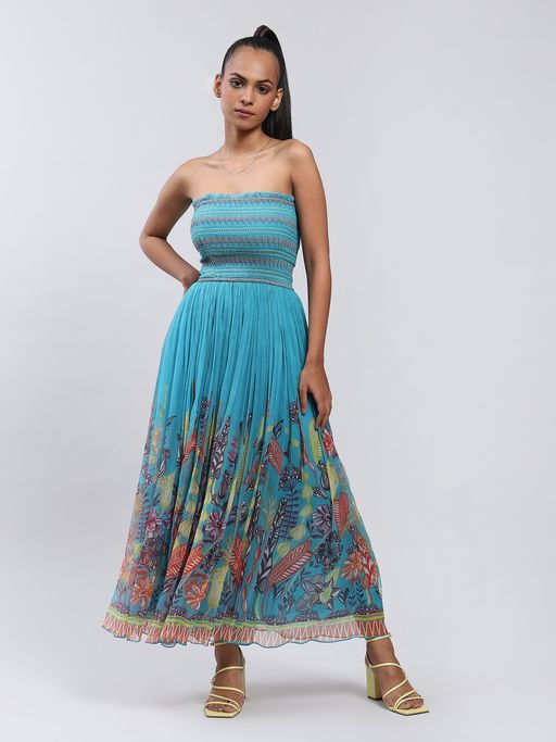 Buy Label Ritu Kumar Blue Printed Smocked Tube Dress Online