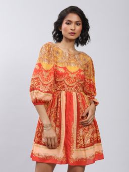 Label Ritu Kumar - Orange Printed Short Dress with Puffed Sleeves