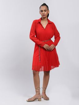 Label Ritu Kumar - Red Pleated Short Dress with Inner And Belt (Set of 3)