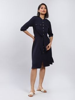 Label Ritu Kumar - Navy Blue Midi Dress with Knot Detail