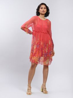Label Ritu Kumar - Orange Floral Print Short Dress with Inner (Set of 2)