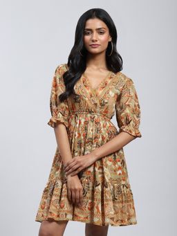 Label Ritu Kumar - V Neck Half Sleeves Wrap Short Dress