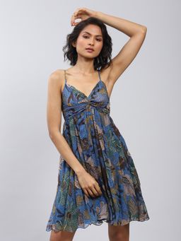 Label Ritu Kumar - Blue Printed Strappy Short Dress