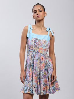 Label Ritu Kumar - Powder Blue Floral Print Tie Up Short Dress