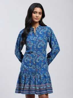 Label Ritu Kumar - Blue Printed Short Dress with Inner (Set of 2)