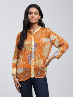 Label Ritu Kumar - Orange Printed Shirt with Inner (Set of 2)