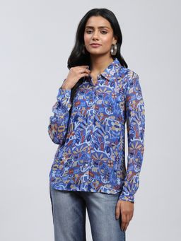 Label Ritu Kumar - Blue Printed Shirt with Inner (Set of 2)