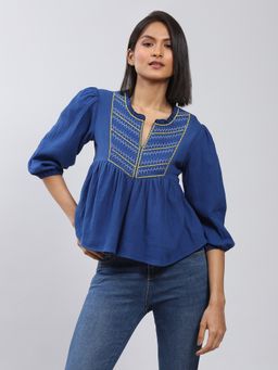 Label Ritu Kumar - Blue Embroidered Top with Gathers