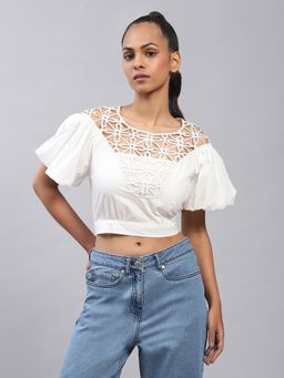 Label Ritu Kumar - Ecru Embroidered Crop Top with Inner (Set of 2)