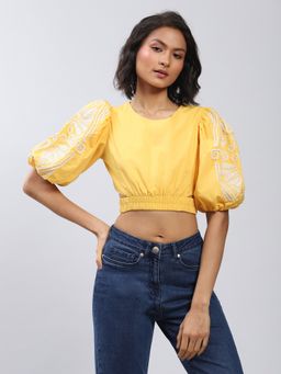 Label Ritu Kumar - Yellow Embroidered Crop Top