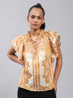 Label Ritu Kumar - Beige Floral Print Top with Ruffles