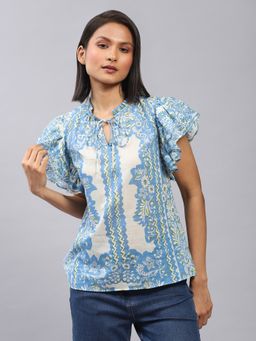 Label Ritu Kumar - Blue Floral Print Top with Ruffles