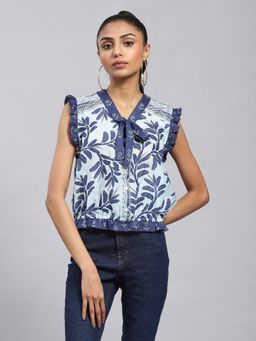 Label Ritu Kumar - Navy Botanic Print Tie Up Top