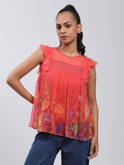 Label Ritu Kumar - Coral Floral Print Sleeveless Top with Inner (Set of 2)
