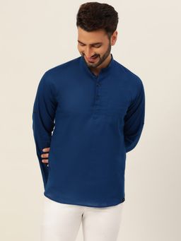JAVINISHKA - Premium Royal Blue Textured Cotton Linen Short Kurta